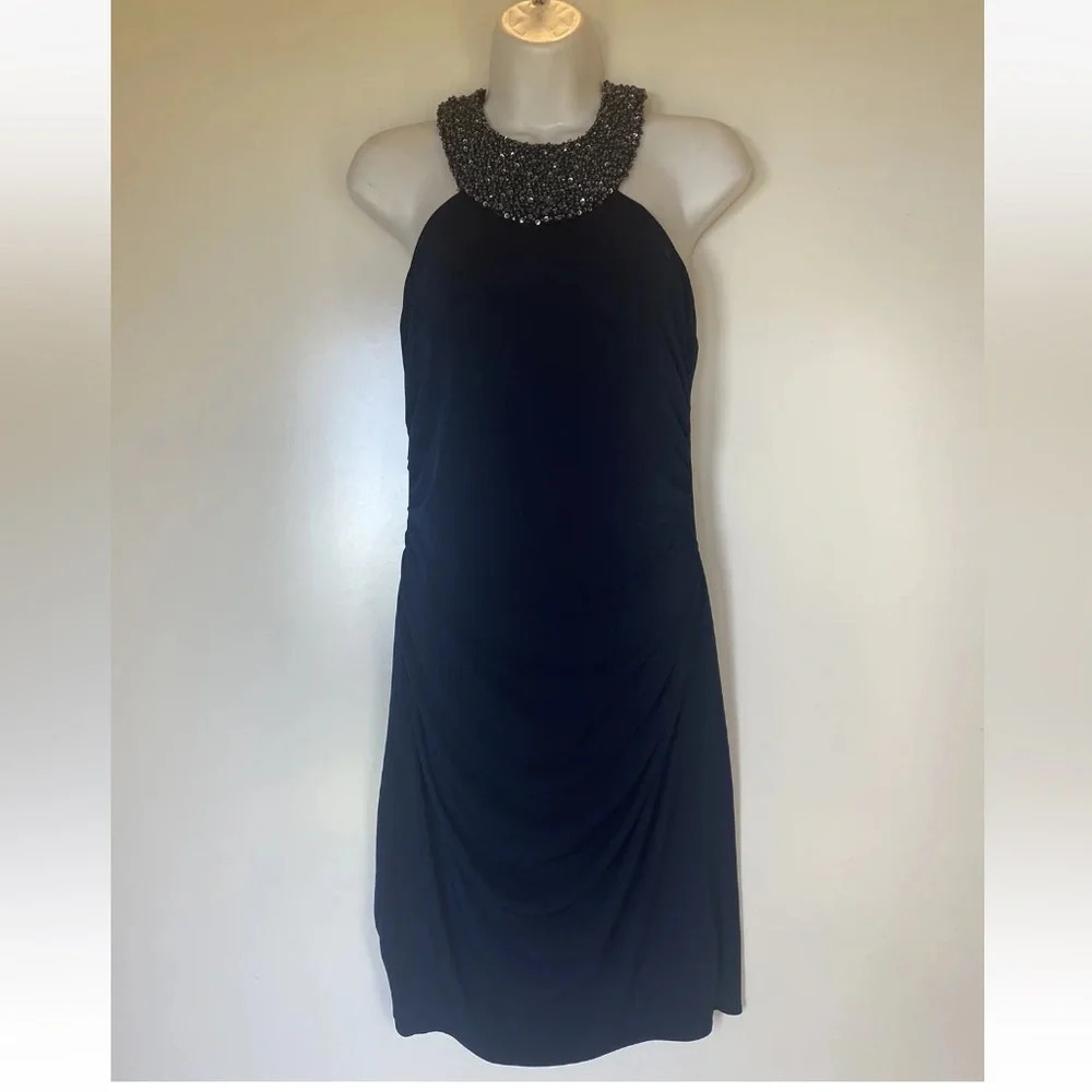 JS Boutique Blue‎ Beaded Sequin Halter Cocktail Dress Womens Size 8 (43)